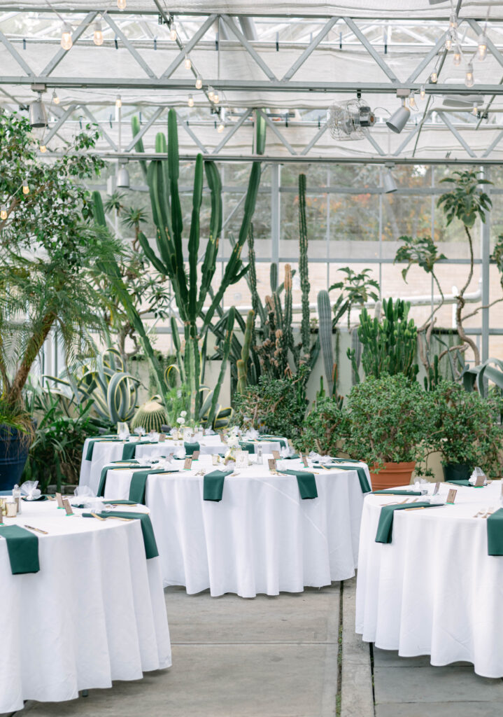 Reception tables set up for a wedding at Roger Williams botanical garden