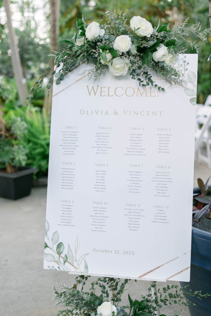 Welcome sign for Roger Williams botanical garden wedding